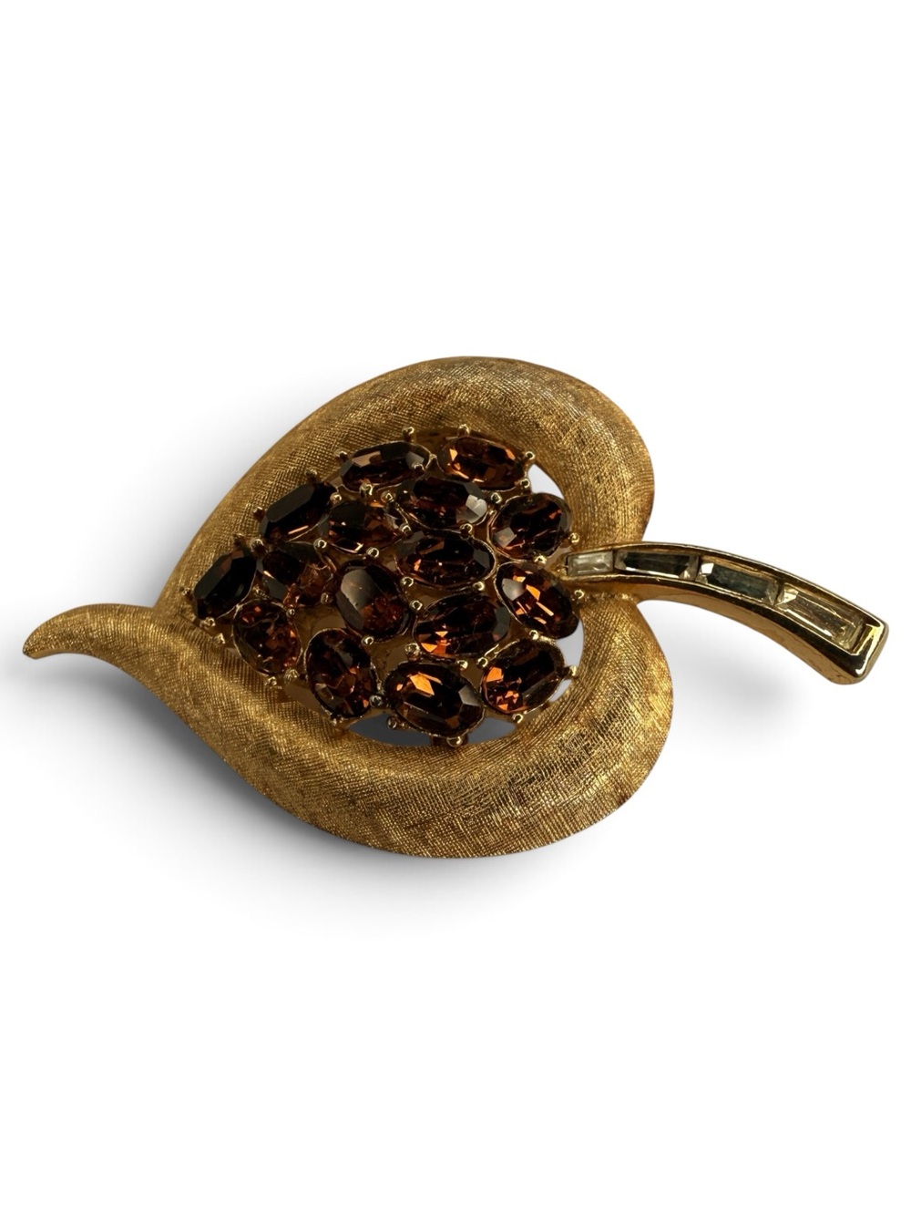 Vintage Crown Trifari Gold Leaf Brooch With Amber Rhinestones - Picture 8 of 13